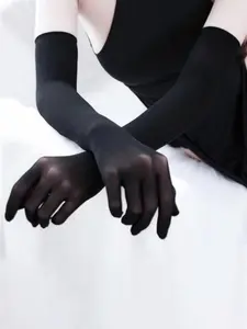 Ultra-Thin Five Finger Seamless Silk Gloves, Long Transparent Etiquette Gloves, Solid Color Plain Pattern Tube Stocking Gloves for Women & Men, All Seasons