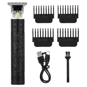 Matte Black Dragon Embossed Zero Gap T-Blade Hair Detail Trimmer, USB Recharge Cordless Outline Clipper with 1.5-4mm Guide Combs for Men Fade Hairline Beard Styling