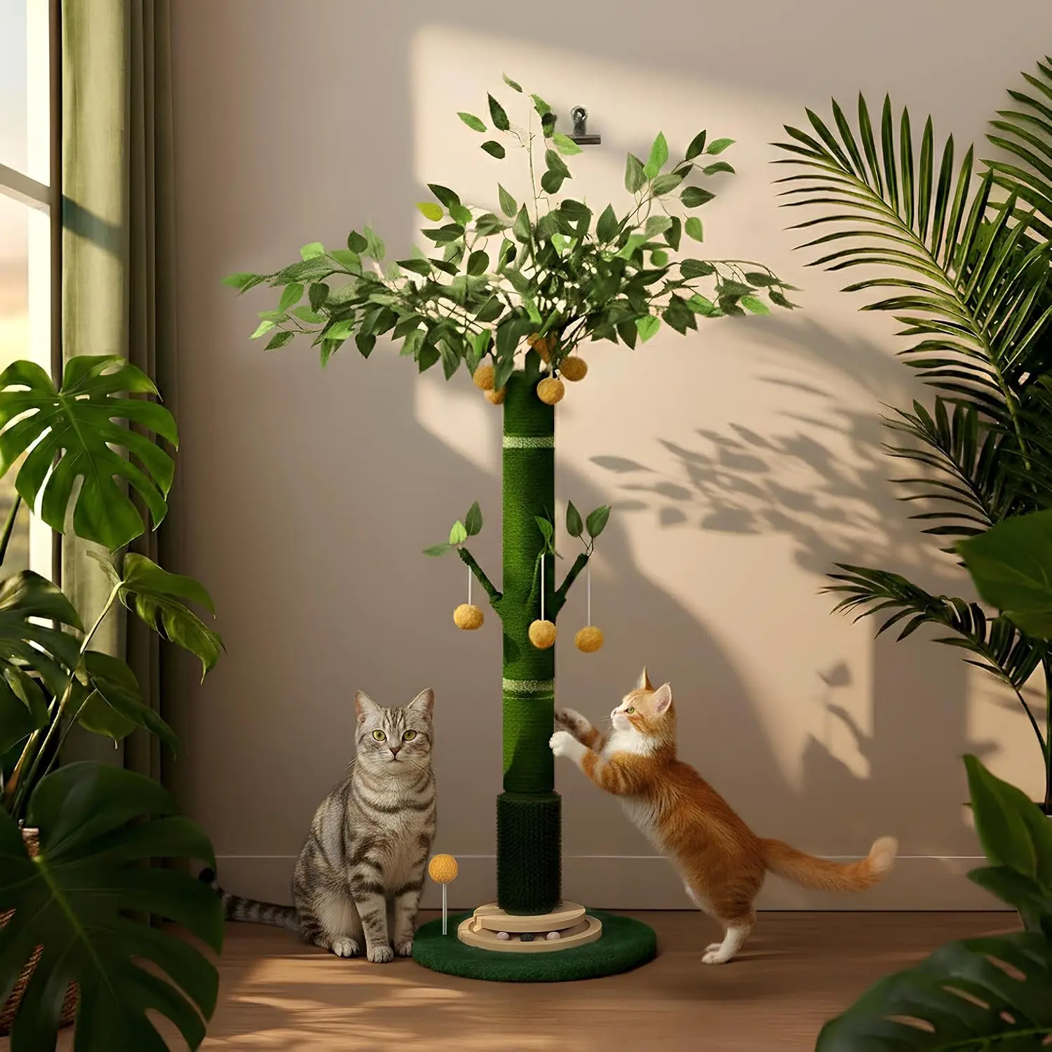 53-in Extra Tall Heavy Duty Vertical Cat Scratching Post, Freestanding 8.8 lbs Stable Climbing Pole with Thick Natural Sisal Rope, Hanging Interactive Toy for Large Cats’ Full Body Stretching