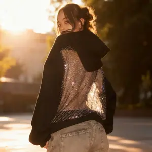 Women's Hoodie Open Back Mesh Cutout Edgy Streetwear Black and White Autumn Trend Backless Glitter Mesh Patchwork Casual Hipster Pullover Basic Tops Womenswear Sweatshirts Long Sleeve