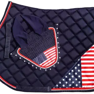 US Flag Independence day All Purpose English Saddle Pad with Matching Fly Bonnet