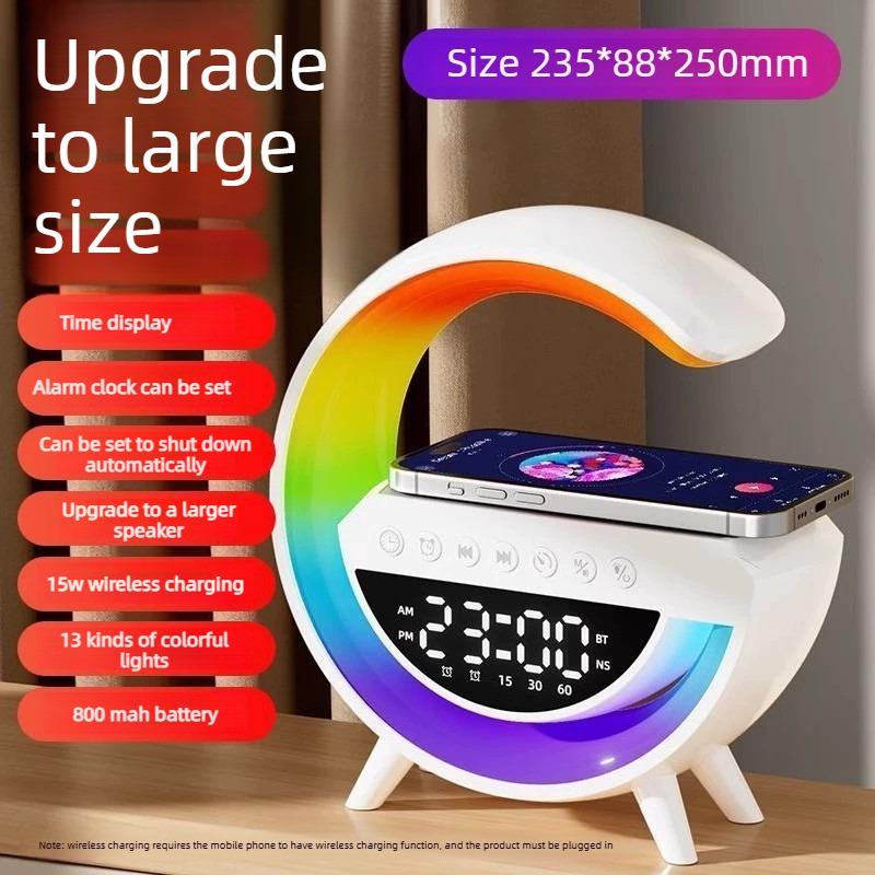 Multifunctional Atmosphere Night Light with Bluetooth Speaker Alarm Clock & Wireless Charger for Bedroom Bedside Speaker Ideal for Students Men
