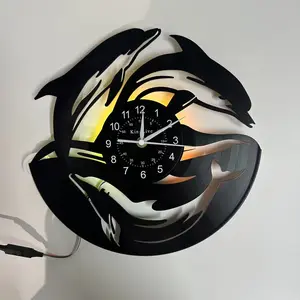 Colorful Retro Dolphin Vinyl Record Wall Clock, LED Seven-Color Glow, Silent No Tick, Home Decor, Birthday Gift, Christmas, Thanksgiving