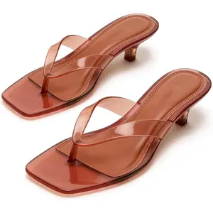 FIFSY Jelly Kitten Heel Flip Flops for Women Clear Square Open Toe Heeled Sandals Low Heel Thong Sandals Slip-on Clear Heels Shoes