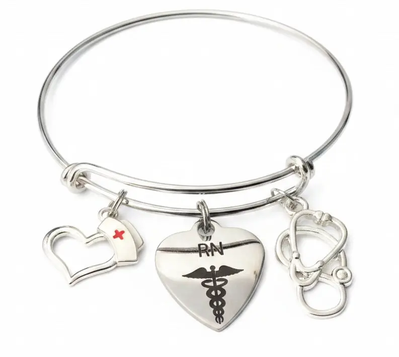RN Registered Nurse Charm Bangle Bracelet – Stethoscope, Caduceus Heart & Nurse Hat | Nurse Gift