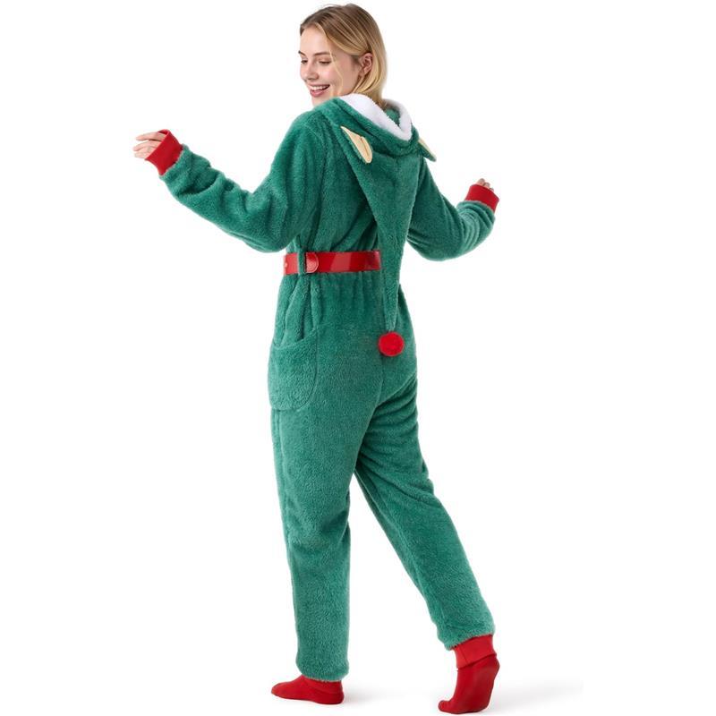 Giggling Getup Women Hooded Christmas Pajamas Outfit, Adult One-piece Winter Pajamas indoor wear