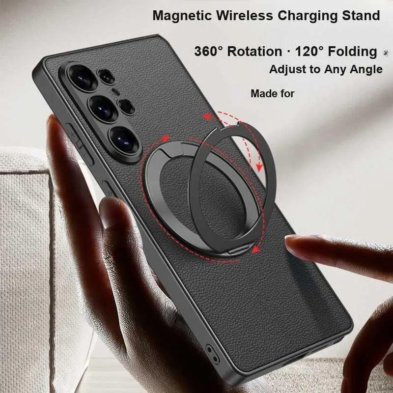 For Samsung S26 Ultra Phone Protective Leather Case For Samsung S26 Ultra Leather Case 360° Rotating Stand Finger Ring Wireless Charging HNJ98PL