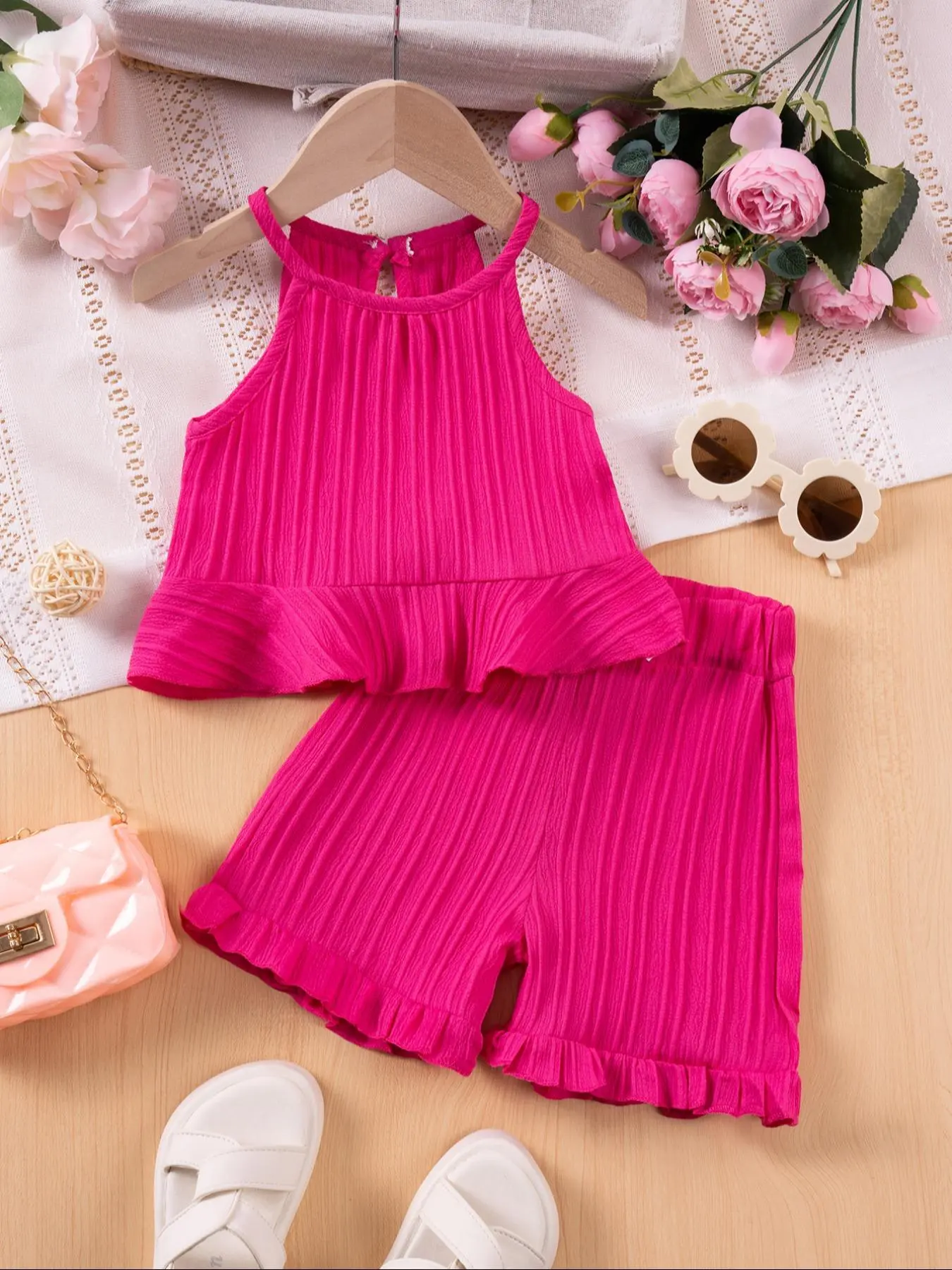 Toddler Girl's Solid Ribbed Tank Top & Shorts Two-Piece Set, Casual Sleeveless Top & Shorts for Summer, Kids Clothes for Daily Wear