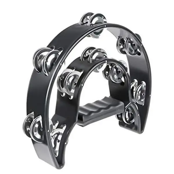 Half Moon Musical Tambourine Double Row Metal Jingles Hand Held Percussion Drum Multicolor for KTV Party with Ergonomic Handle Grip (Black)