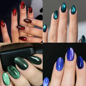 96pcs Short Oval Cat Eye Press-On Nails Set, Wine & Blue Acrylic Fake Nails, Easy Wear, Perfect for Parties, Dancing, Daily Use, Fake Nails Kit