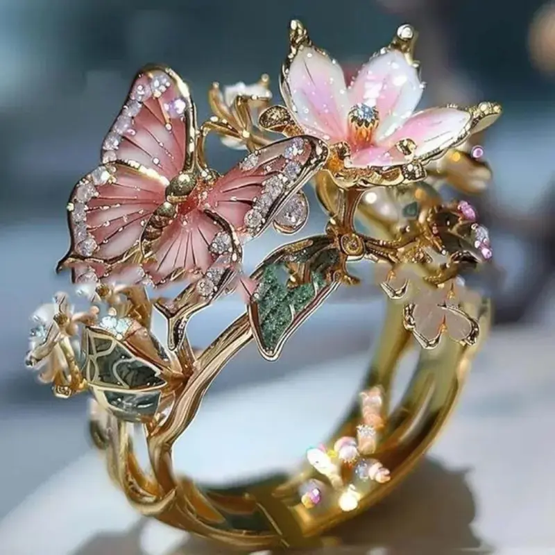 Color Drip Butterfly Open Finger Ring, European American Trendy Flower Decor Ring, Beach Vacation Fashion Engagement Jewelry