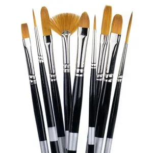 Trekell Golden Taklon Long Handle Artist Brushes - Synthetic Bristles for Acrylic, Oil, Watercolor, and Gouache Painting - Vegan-Friendly, 10-inch Long Handle