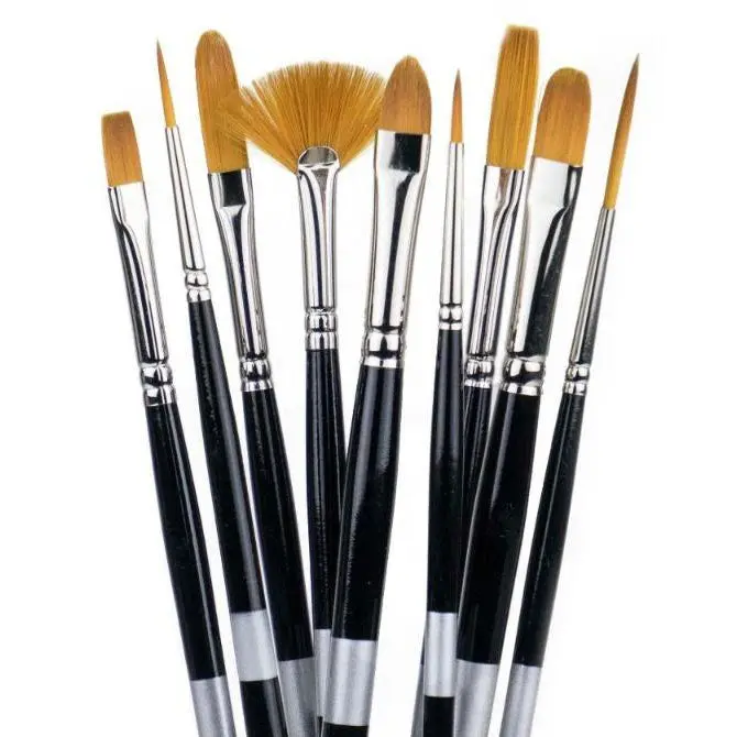 Trekell Golden Taklon Long Handle Artist Brushes - Synthetic Bristles for Acrylic, Oil, Watercolor, and Gouache Painting - Vegan-Friendly, 10-inch Long Handle