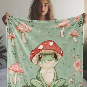 Cozy Frog & Mushroom Floral Flannel Blanket – Soft, Warm, And Vibrant Vintage Design With Whimsical Green Frog & Colorful Mushrooms – 100% Polyester, Perfect For Sofa, Bed, Car, Office, Or Camping – All-Season Gift, Frog Decor