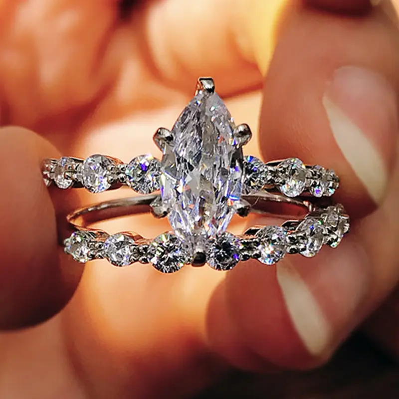 Women's 2-Pcs Marquise Cut 5A Grade Cubic Zirconia Bridal Wedding Ring Sets - Stackable Engagement Ring & Band, Artificial Zircon with Cubic Zirconia Designs, Proposal Gift
