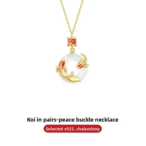 925 Sterling Silver Peace Buckle Koi Necklace for Women New Style Chalcedony Pendant Collarbone Chain Trendy Birthday Gift for Girlfriend