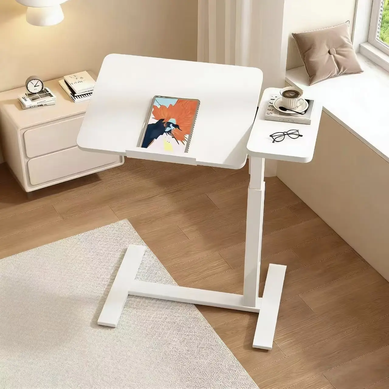 Height-Adjustable Sit-to-Stand Desk Converter - Commercial Office Furniture for Hospitals, 27"-40" Dual Monitor Setup, Split Top Overbed Table with Wide Keyboard Tray, Tilt Panel Adjustable Angle Lapdesks, Water-Resistant Top Cleans for Adults, Seniors