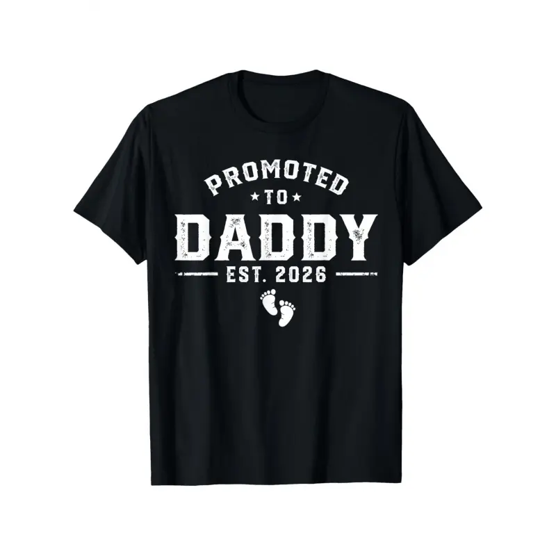 Menswear Oversized Short Sleeve Graphic Tee - Promoted to Daddy Est. 2026 New Dad Announcement Gift with Footprint Design, Loose-Fit Casual Round Neck Shirt for Pregnancy Reveal, Christmas Vintage Tshirt