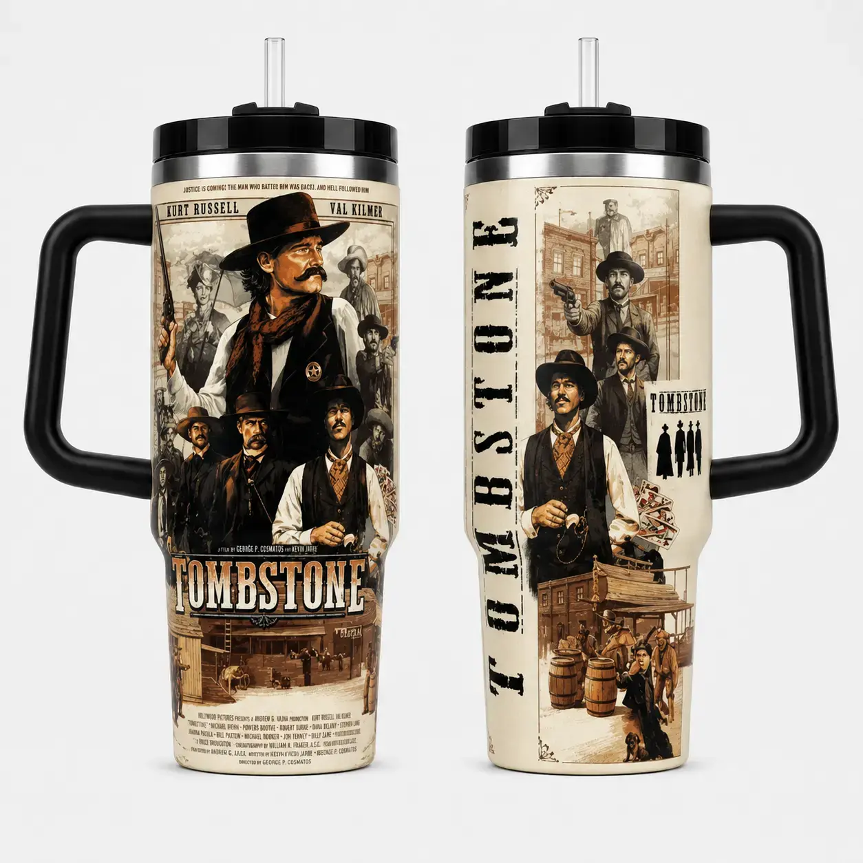 Tombstone Western Movie Tumbler – Vintage Cowboy Gunfighter Travel Mug, Wild West Fan Gift