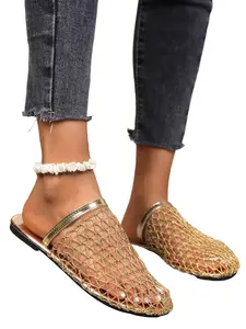Women's Mesh Slip-On Mules, Flat Breathable Summer Sandals, Elegant Textile Upper, Rubber Sole, Perfect for Vacation Unique Sandals