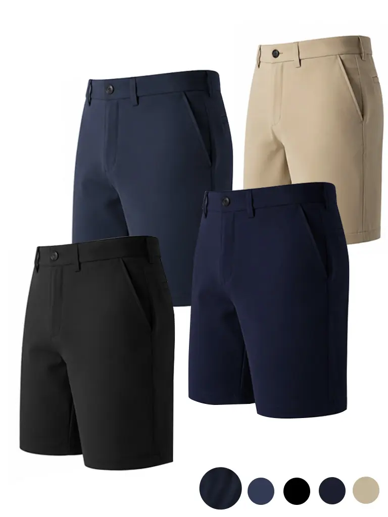 Men’s high-performance golf shorts, wrinkle-resistant with a flat front panel and athletic twill fabric.