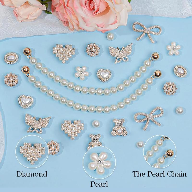 SOGLLQAM Shoe Charms for Women – Pearl & Flower Rhinestone Chain Shoe Decorations, Bling Accessories for Party & Birthday