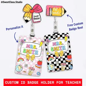 [FREE CUSTOM BADGE REEL] Personalized Checkered Teacher ID Badge Holder - Custom Teacher Gifts - Back To School Gift - School Supplies