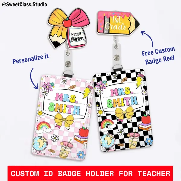 [FREE CUSTOM BADGE REEL] Personalized Checkered Teacher ID Badge Holder - Custom Teacher Gifts - Back To School Gift - School Supplies