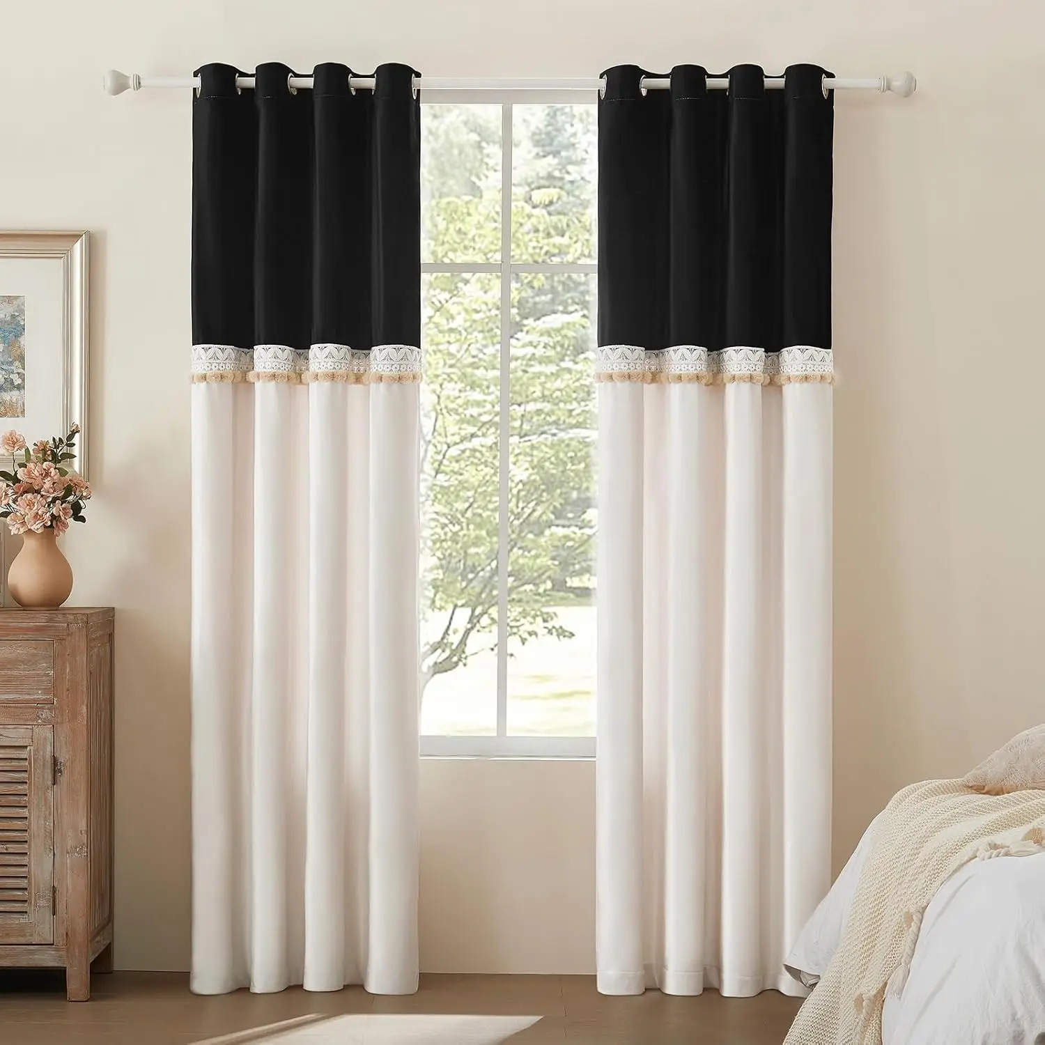Long Curtains 2 Panels for Living Room Farmhouse Velvet Elegant Window Blackout Curtain Drapes Lace Pom Pom Embroidered Curtains