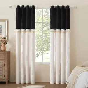 Long Curtains 2 Panels for Living Room Farmhouse Velvet Elegant Window Blackout Curtain Drapes Lace Pom Pom Embroidered Curtains
