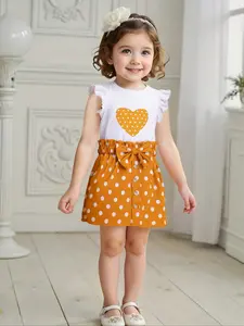 Two-Piece Set Toddler Girl's Heart Print Sweater Dress & Bow Decor Belt Set, Cute Casual Ruffle Trim Sleeveless Knit Dress & Belt for Daily Wear, Kids Clothing Outfit for Summer, Baby Clothing