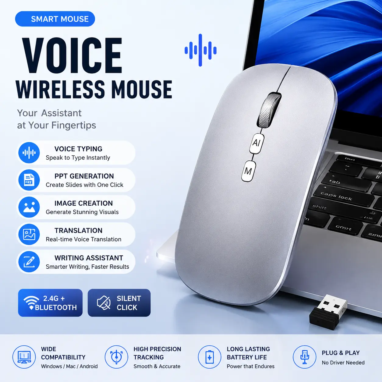 Smart Wireless Mouse, 2.4G+ Dual Bluetooth, Voice Typing, Dialect speaking typing, Screenshot word translation,120 Languages, Translation Bluetooth 3-mode connection, Type-C charging