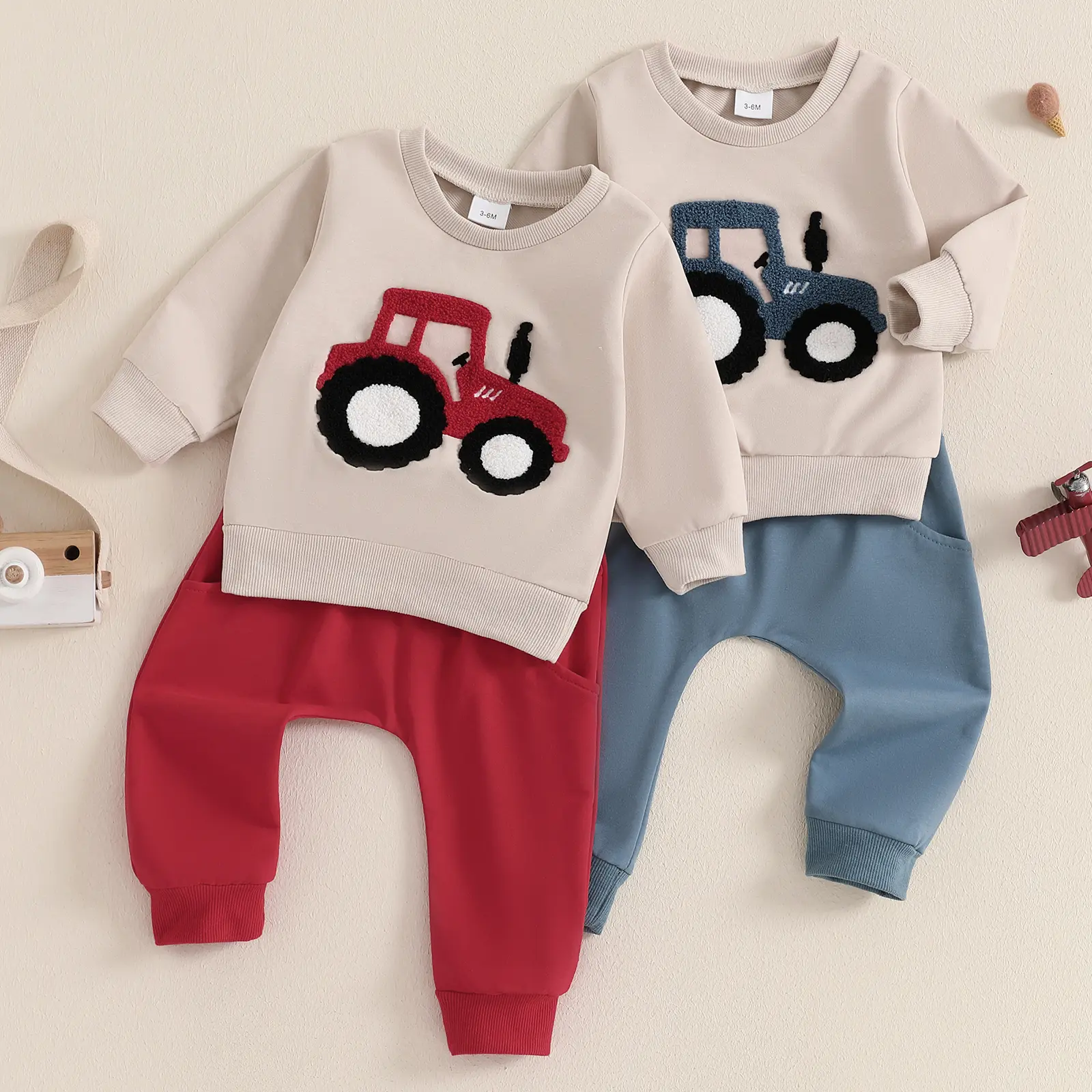 REDWOON Baby Boy Fall Clothes Toddler Outfits Tractor Embroidery Sweatshirt Jumpers Tops Jogger Pants Trousers Set 2Pcs Winter Tracksuit