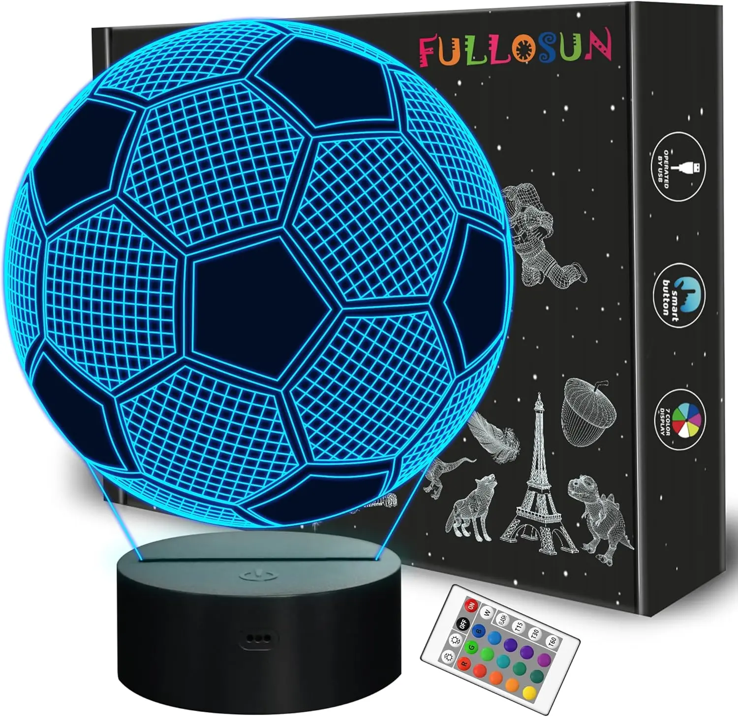 Kids 3D Optical Illusion Soccer Night Light - ABS Plastic Base, AC Power, Remote Control, Dimmable Eye-Caring Lamp with Auto-Off Timer, Bluetooth, Boys Bedside Lamp for Better Sleep, Sport Fan Room Decoration Gift