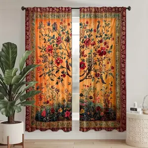 2pcs Blue Bohemian Tree Life Window Curtain, Vibrant Floral and Bird Patterns, Polyester, Suitable for Bedroom, Living Room, Office Decor