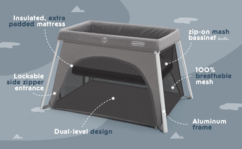 HARPPA Foldable Travel Crib & Playard, Portable Playpen with Mattress, Double Layers Bassinet for Baby & Toddlers, No Assembly Pack & Play Play Yard, Baby Items