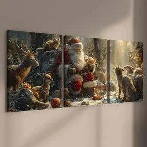 3 Counts Wooden Framed Canvas Painting, Warm Winter Santa With Forest Animals Images, Exquisite Poster, Perfect Living Room Decoration, Modern Art, Fashion Family Poster, Wall Art Decoration, Waterproof Art