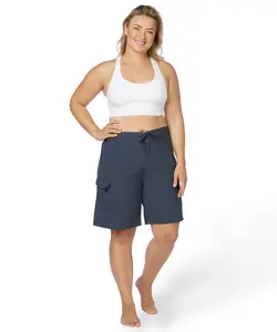 Maui Rippers Ebony Women's Plus-size Bermuda Boardshorts 9" Inseam Lightweight Spandex Cargo Pockets Drawstring Fit for Beach & Pool Wear
