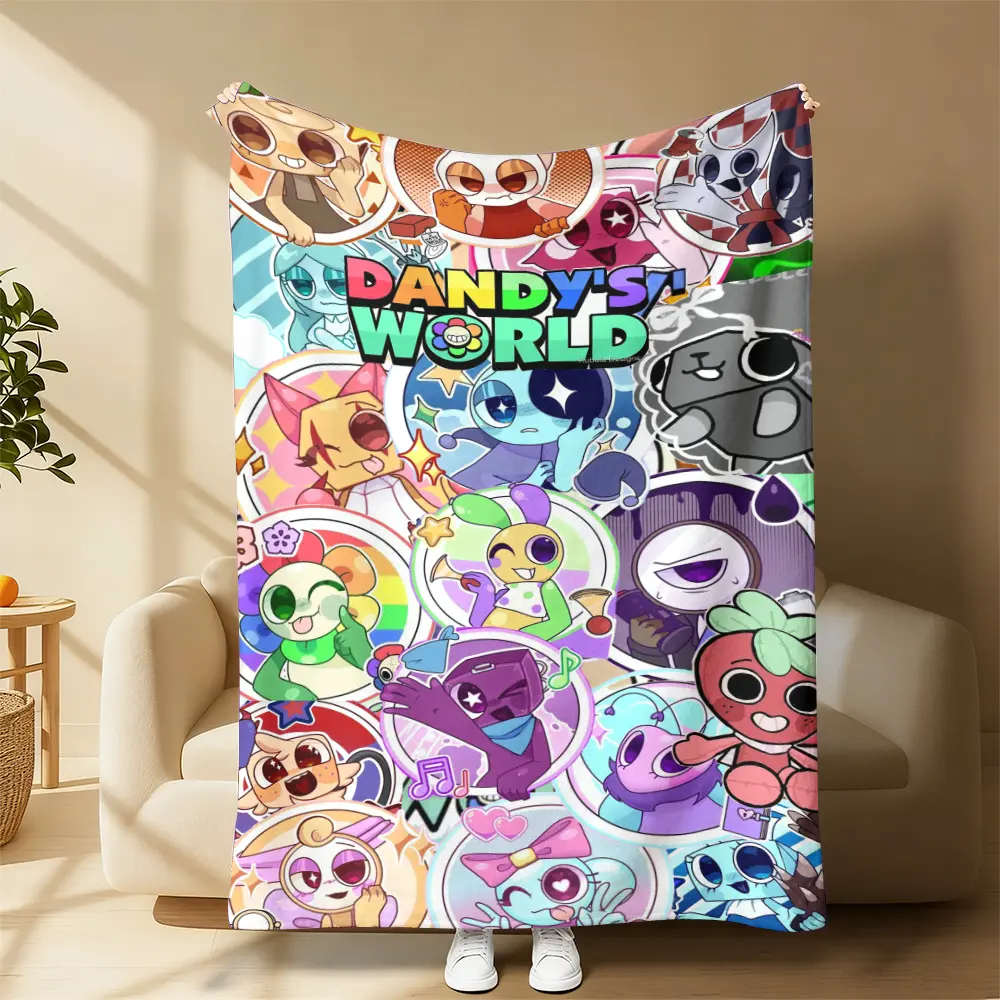 Dandy's World Plush Flannel Blanket - Cute Cartoon Character Collage, Colorful Indie Look Sticker Style Throw, Ultra Soft for Sofa, Bedroom Decor Ideas, Christmas Fan Gift for Indie Game Lovers (Other Patterns Available)