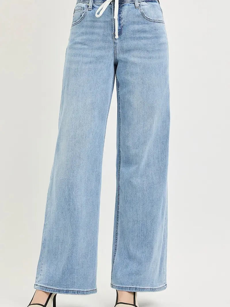 RISEN Elastic Band Slouchy Wide Jeans with Drawstring