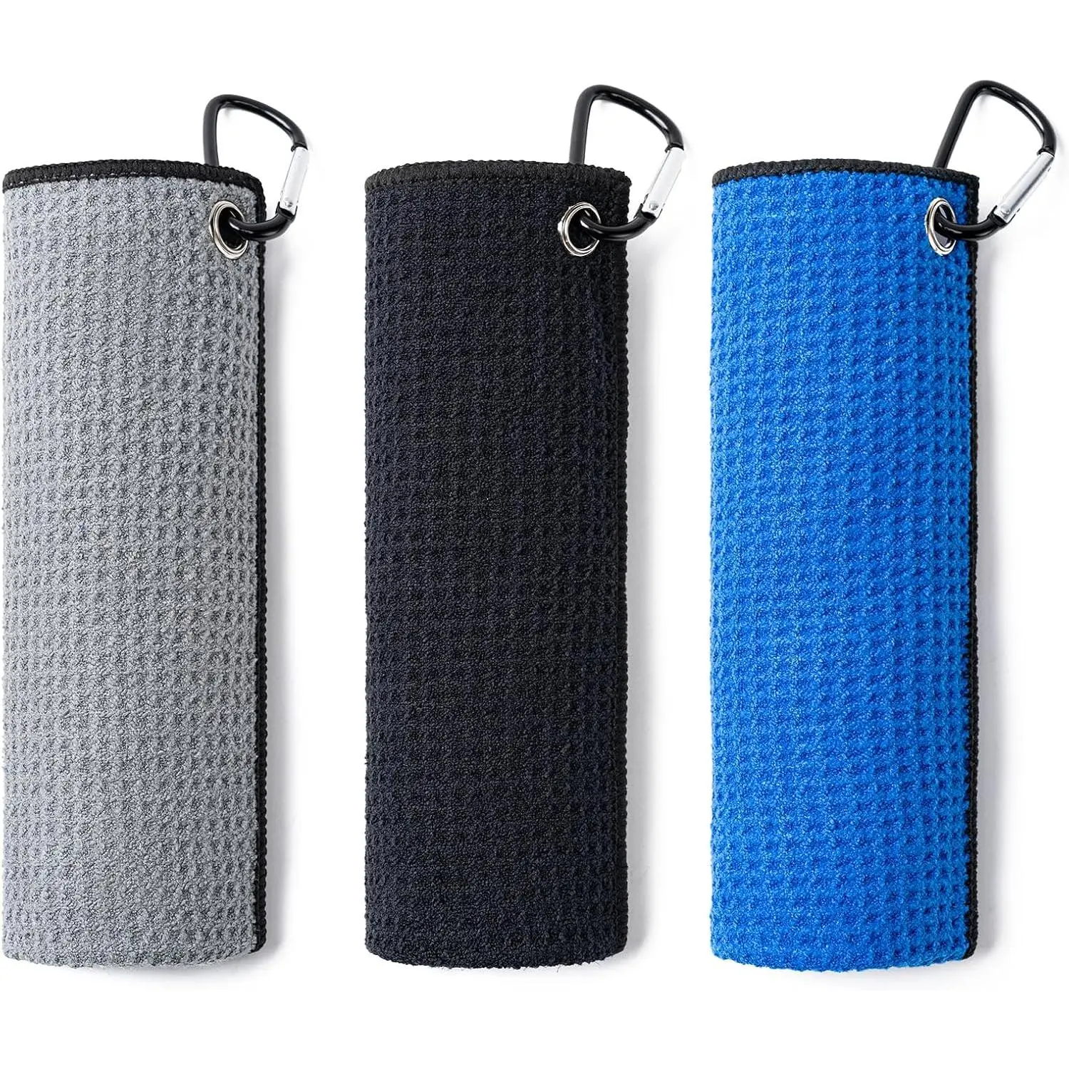 3 Pack Golf Towels 16" X 16" Microfiber Fabric with Carabiner Clip for Golf Bags,  in Blue, Black & Gray