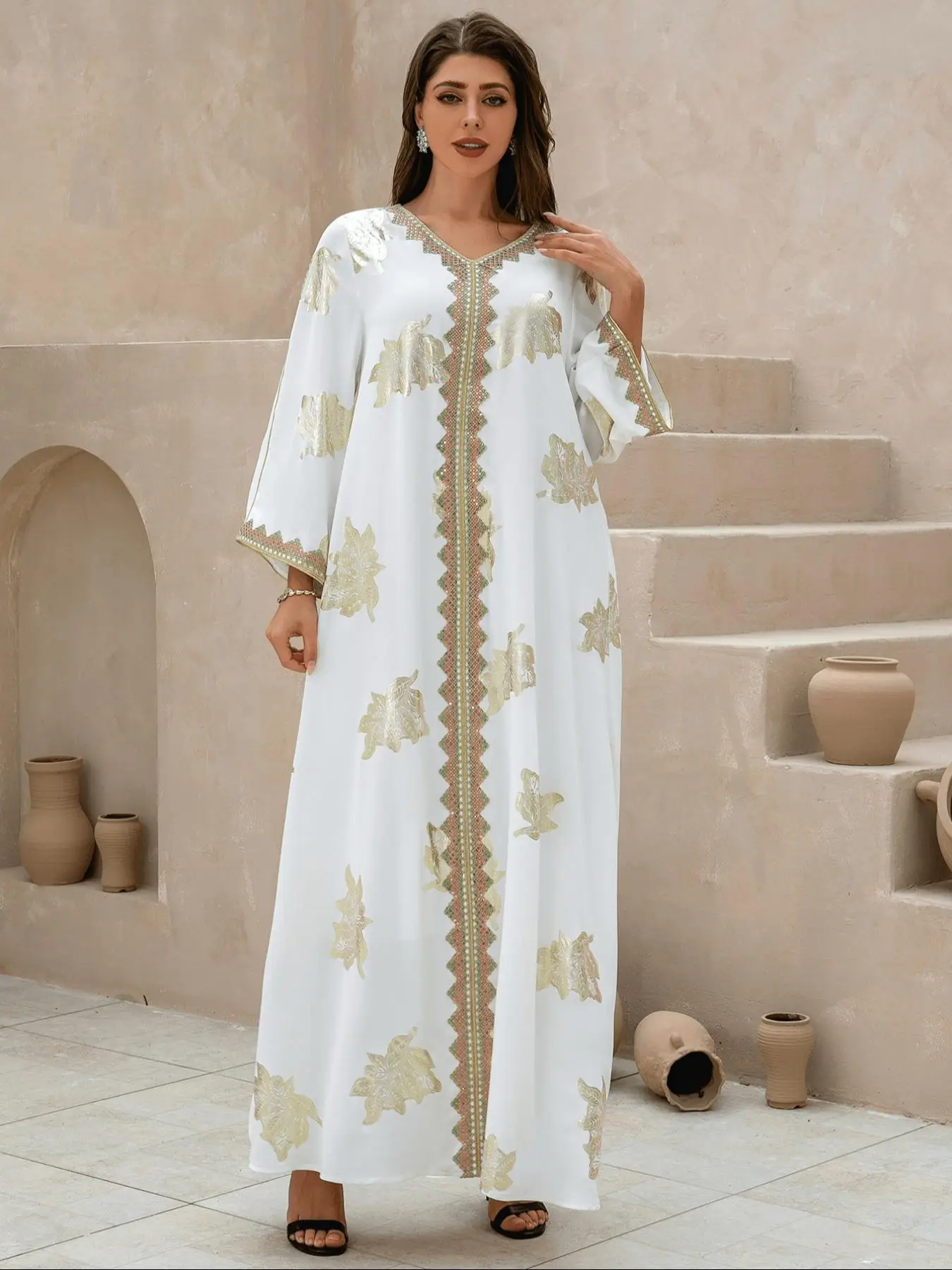 Arabic Clothing-Contrast Lace Hot Stamping Contrast Sequin V Neck Kaftan Dress, Modest Long Sleeve Loose Dress for Women, Women's Islamic Clothing for