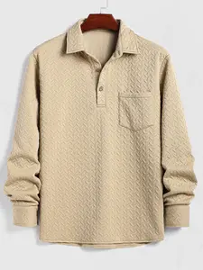Men's Geometric Jacquard Textured Pocket Design Polo Collar Half Buttoned Long Sleeves Shirt Menswear Tops mens shirts Casual Geometric Pattern Sweatshirt
