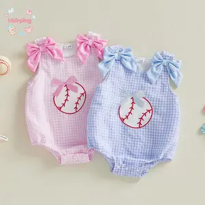 Baby Girls Baseball Embroidered Romper, Light Blue Gingham Sleeveless Bubble Bodysuit with Polka Dot Bow Details, Preppy Summer Outfit for Photoshoot & Casual Play