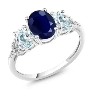 Gem Stone King 2.70 Cttw 10K White Gold Oval Blue Sapphire Sky Blue Aquamarine and Diamond Accent 3-Stone Engagement Ring | Three Stone Wedding Anniversary Promise Ring For Women