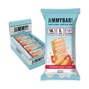 JimmyBar! Strawberry Cookies 'n Cream Protein Bar - 18g Protein, Collagen, Low Sugar, Functional Bar, 12 Count Box, Peanut-Free, High Protein Snack