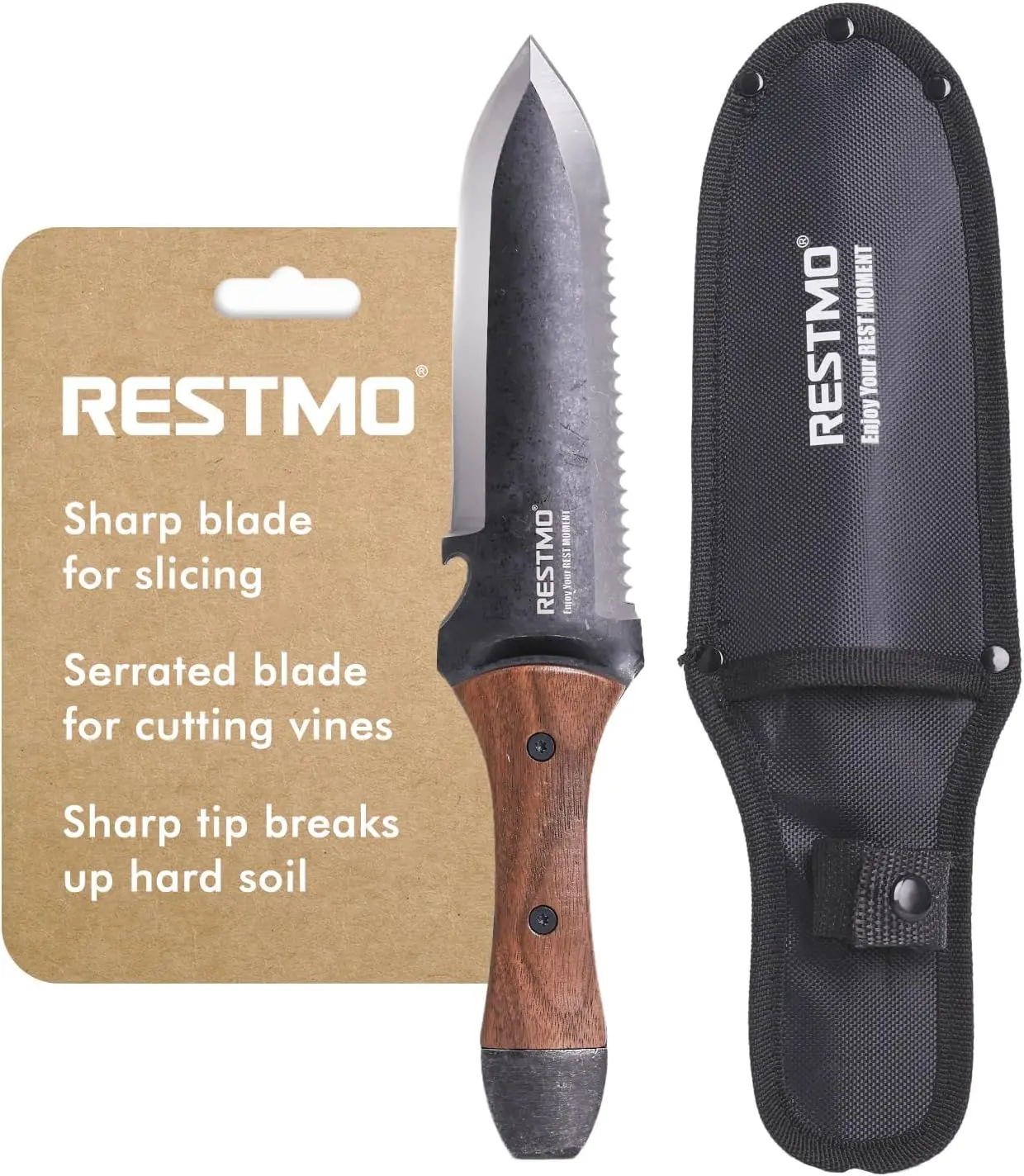 RESTMO Hori Hori Garden Knife with Sheath, Stainless Steel Dual-Edge Blade Gardening Tool with Depth Gauge & Ergonomic Walnut Handle for Weeding and Planting, Lightweight, Gardeners