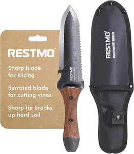 Restmo Hori Hori Garden Knife with Sheath, Durable Weeding & Planting Tool with Dual-Edge High-Strength Stainless Steel Blade, Depth Gauge, Ergonomic Walnut Handle for Gardening