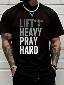 100% Cotton Tee 100% Cotton Lift Heavy Pray Hard Gym Jesus Christian Faith Men T-Shirt Fashion Printing TshirtFashion Printing Tshirt Men Graphic Tee Statement Men's Breathable T-Shirt with Look
