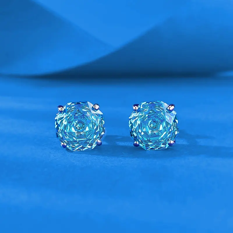 S925 Sterling Silver Stud Earrings, Unisex 8mm Aurora Blue Moissanite with a Round Brilliant Cut, Hypoallergenic Solitaire Jewelry for Anniversary or Casual Wear, 8Mm X 8Mm, Classic
